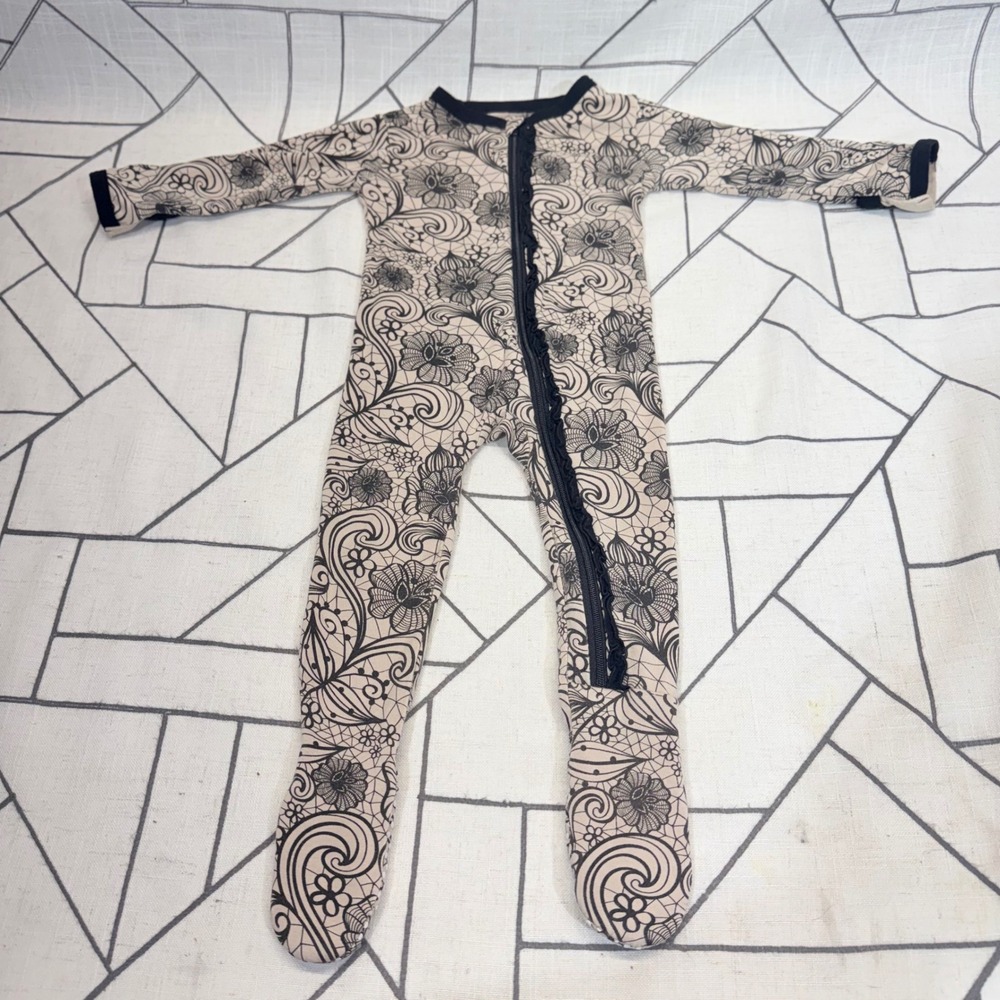 KicKee Pants Footie Sleeper 6-9 Months Tan Black Floral Lace Ruffle Bamboo Zip